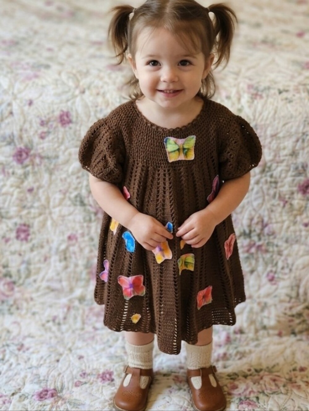 Vtg Hand Crocheted Brown Dress 1-2 Toddler Butterfly Appliques